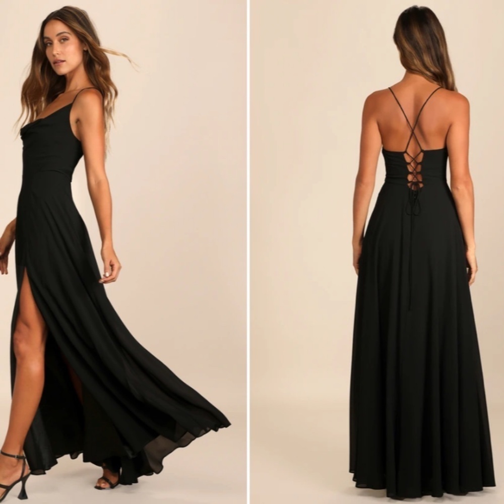 LULU's Elegant Wedding Flowy Chiffon Sexy Cowl Neck Lace Up Back Gown NWOT - Picture 4 of 4